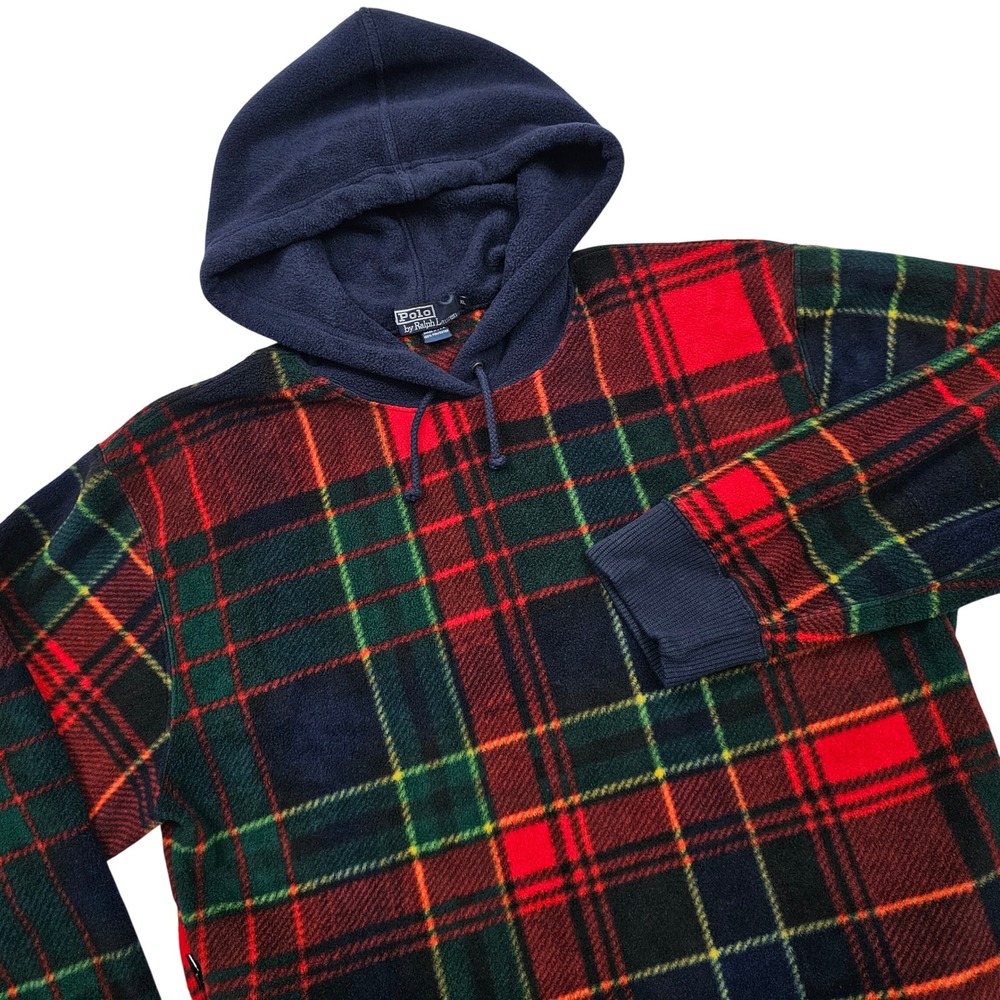 Polo Ralph Lauren Fleece Hoodie Mens XL Red Navy Plaid Side Zip Vintage 90s USA